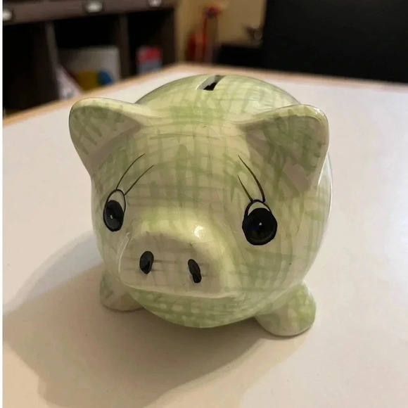 Vintage Ceramic Pottery Pig Piggy Bank Coin Change Green Check Bee Bumblebee - Picture 1 of 10